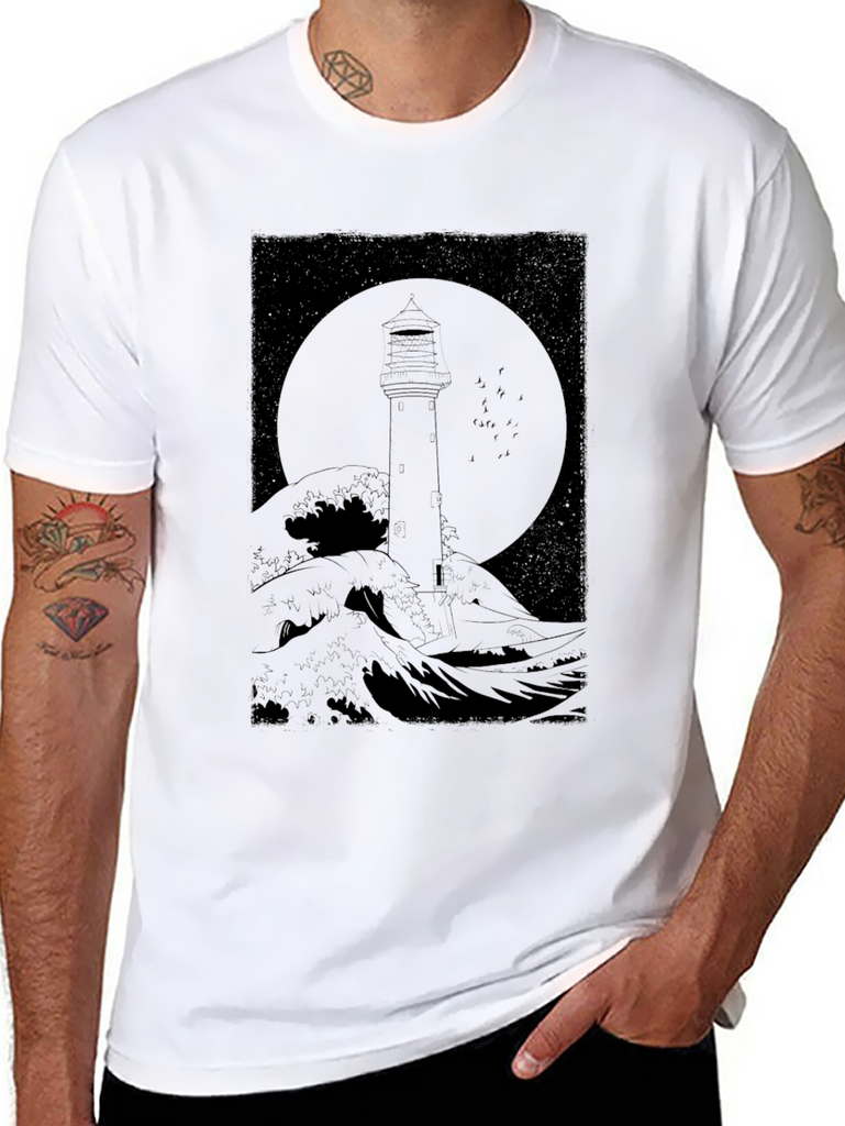 Lighthouse Wave Graphic T-Shirt - Black