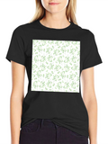 Green Leaves Patterned Black T-Shirt