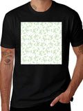 Green Leaves Patterned Black T-Shirt