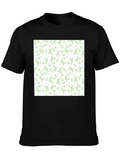 Green Leaves Patterned Black T-Shirt