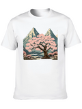 Sakura Tree & Mountain Graphic Black T-Shirt