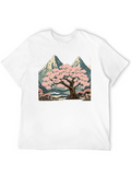 Sakura Tree & Mountain Graphic Black T-Shirt