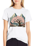 Sakura Tree & Mountain Graphic Black T-Shirt