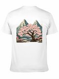 Sakura Tree & Mountain Graphic Black T-Shirt