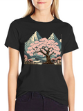 Sakura Tree & Mountain Graphic Black T-Shirt