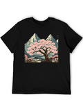 Sakura Tree & Mountain Graphic Black T-Shirt