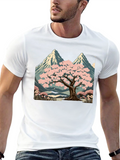 Sakura Tree & Mountain Graphic Black T-Shirt