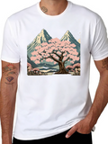 Sakura Tree & Mountain Graphic Black T-Shirt