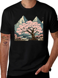 Sakura Tree & Mountain Graphic Black T-Shirt