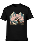 Sakura Tree & Mountain Graphic Black T-Shirt