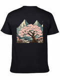 Sakura Tree & Mountain Graphic Black T-Shirt