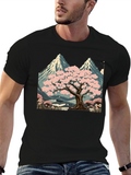 Sakura Tree & Mountain Graphic Black T-Shirt
