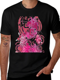 Abstract Pink Gear Graphic Black T-Shirt