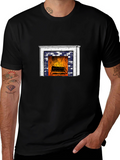 Cozy Fireplace Graphic T-Shirt - Black