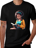 Anime Girl Reading Book Black T-Shirt