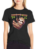 Cute Sloth on Swing Graphic T-Shirt - Black