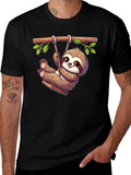 Cute Sloth on Swing Graphic T-Shirt - Black