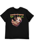 Cute Sloth on Swing Graphic T-Shirt - Black