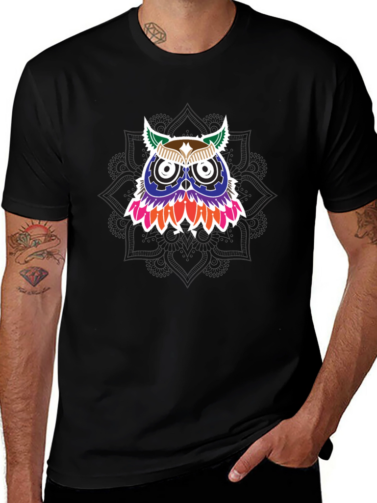 Owl Graphic Print Mens Black T-Shirt