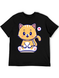 Cute Cat Cartoon Graphic Black T-Shirt