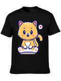 Cute Cat Cartoon Graphic Black T-Shirt