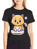Cute Cat Cartoon Graphic Black T-Shirt