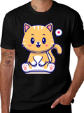 Cute Cat Cartoon Graphic Black T-Shirt