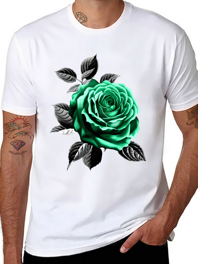 Green Rose Graphic Print Black T-Shirt