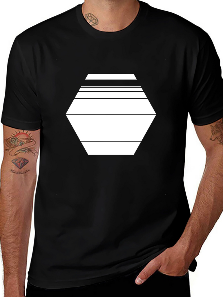 Geometric Hexagon Line Art Black T-Shirt