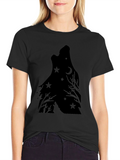 Wolf Howling Moon Star Graphic Print Tee - Black