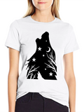 Wolf Howling Moon Star Graphic Print Tee - Black