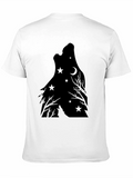 Wolf Howling Moon Star Graphic Print Tee - Black