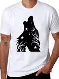 Wolf Howling Moon Star Graphic Print Tee - Black