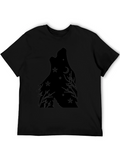 Wolf Howling Moon Star Graphic Print Tee - Black
