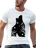 Wolf Howling Moon Star Graphic Print Tee - Black