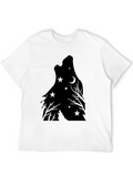 Wolf Howling Moon Star Graphic Print Tee - Black