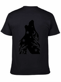 Wolf Howling Moon Star Graphic Print Tee - Black