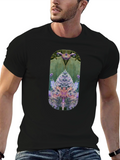 Unique Botanical Print Black T-Shirt