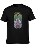 Unique Botanical Print Black T-Shirt
