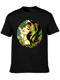 Tropical Girl Graphic Print Black T-Shirt