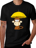 Monkey Under Umbrella Black T-Shirt