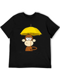 Monkey Under Umbrella Black T-Shirt