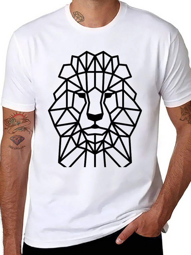 Geometric Lion Head Graphic Tee - Black