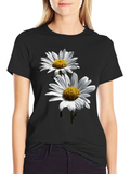 Daisy Flower Graphic Print Black T-Shirt