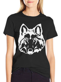 Black T-Shirt with White Wolf Head Graphic