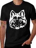 Black T-Shirt with White Wolf Head Graphic