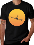 Airplane Sunset Graphic Tee - Black Crew Neck