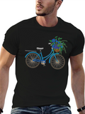 Blue Bicycle & Flowers Black Graphic T-Shirt