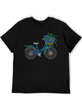 Blue Bicycle & Flowers Black Graphic T-Shirt