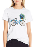Blue Bicycle & Flowers Black Graphic T-Shirt